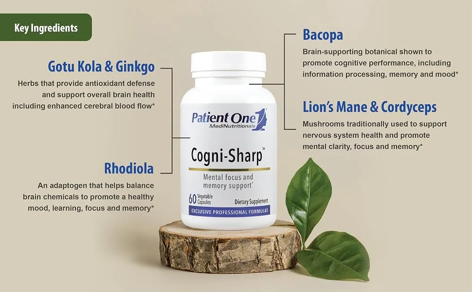Patient One Cogni-Sharp | Supplement to Support Cognition Focus and Mental Clarity* | with Gingko Lion's Mane Bacopa and More | 60 Capsules - Cogni-Sharp Ingredients