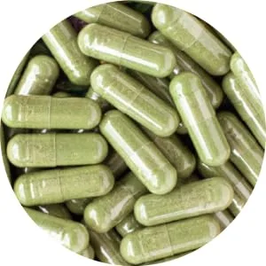 Patient One Cogni-Sharp | Supplement to Support Cognition Focus and Mental Clarity* | with Gingko Lion's Mane Bacopa and More | 60 Capsules - Pile of capsules with green powder