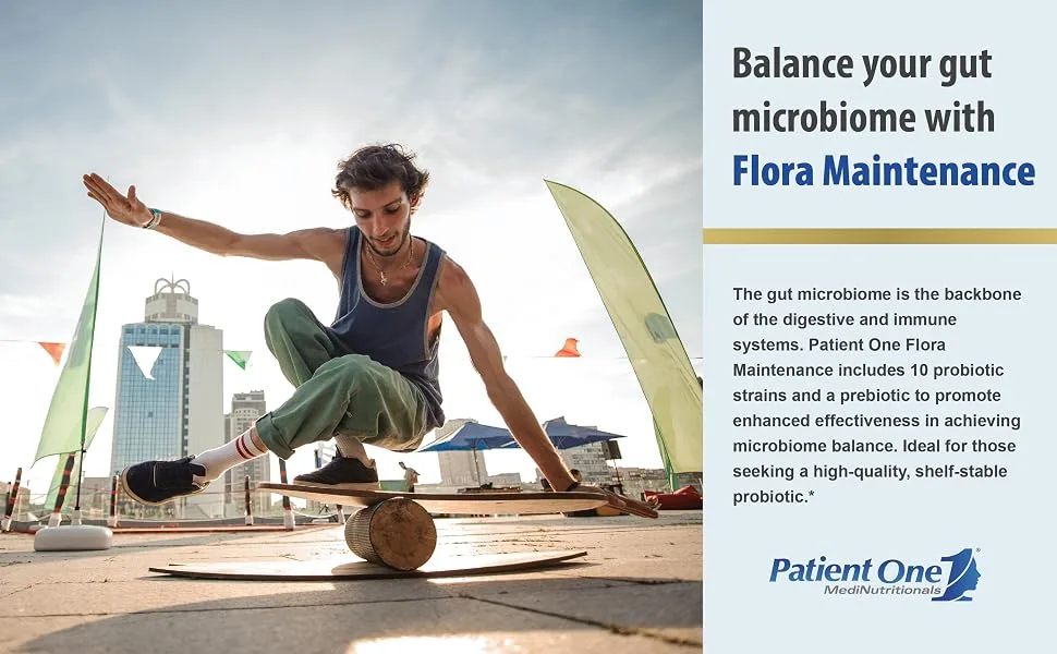Patient One Flora Maintenance | Probiotic Supplement to Aid Balanced Intestinal Flora* | 25 Billion CFU 10 Probiotic Strains Prebiotic | 60 Capsules - Flora Maintenance