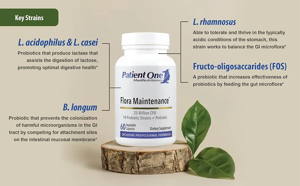 Patient One Flora Maintenance | Probiotic Supplement to Aid Balanced Intestinal Flora* | 25 Billion CFU 10 Probiotic Strains Prebiotic | 60 Capsules - Flora Maintenance Ingredients