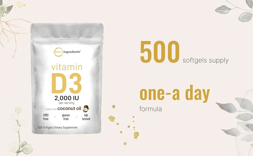 Micro Ingredients Vitamin D3 2 000 IU 500 Softgels | Virgin Coconut Oil | Cholecalciferol Form | Bone Immune & Heart Support | Easy to Swallow Non-GMO - Hibiscus tea bag