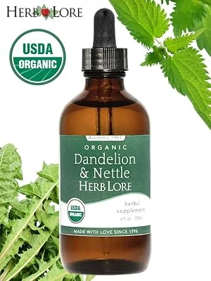 Herb Lore Organic Dandelion & Nettle Tincture - Liquid Dandelion Leaf & Stinging Nettle Leaf Extract Drops (4 fl oz) 4 Fl Oz (Pack of 1) - Herb Lore Organic Dandelion & Nettle Tincture