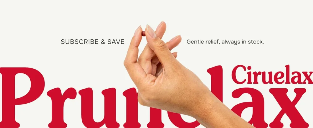 Prunelax Ciruelax Regular Strength Laxative Mini Tablets - Overnight Relief for Occasional Constipation Senna Extract Vegan & Gluten-Free Gentle Relief - 20ct - hand holding prunelax tablet. subcribe and save. gentle relief, always in stock.