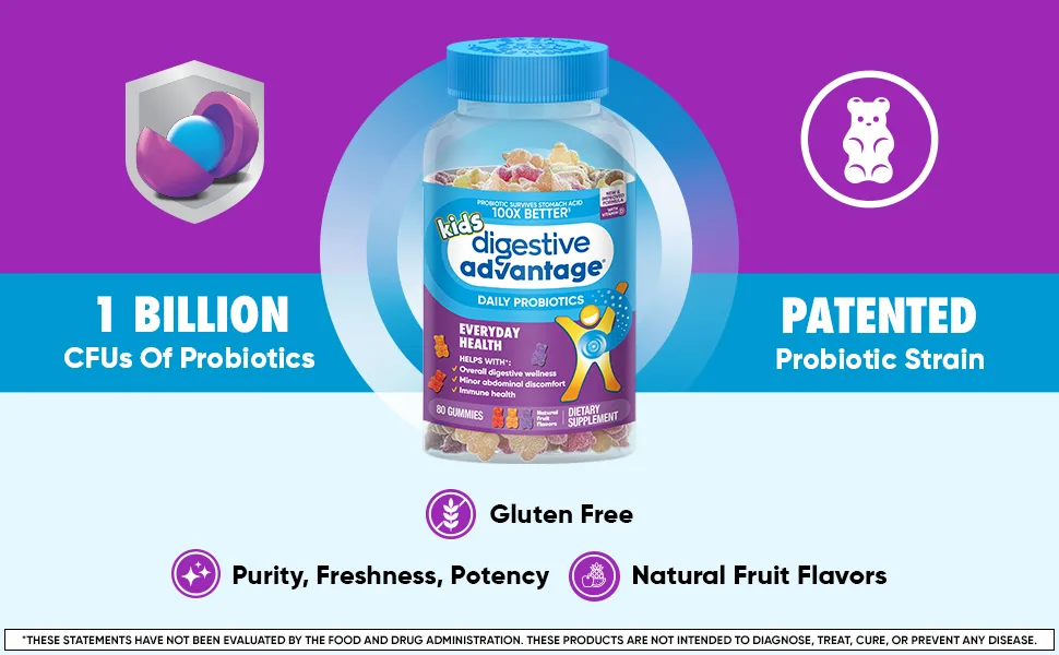 Digestive Advantage Daily Probiotic Gummy for Kids Multi Natural Fruit Flavours 80.0 Count natural fruit flavours 80 Count (Pack of 1) - 2 Billion CFUs of Probiotics, non-dairy, gluten free, non gmo, vegetarian