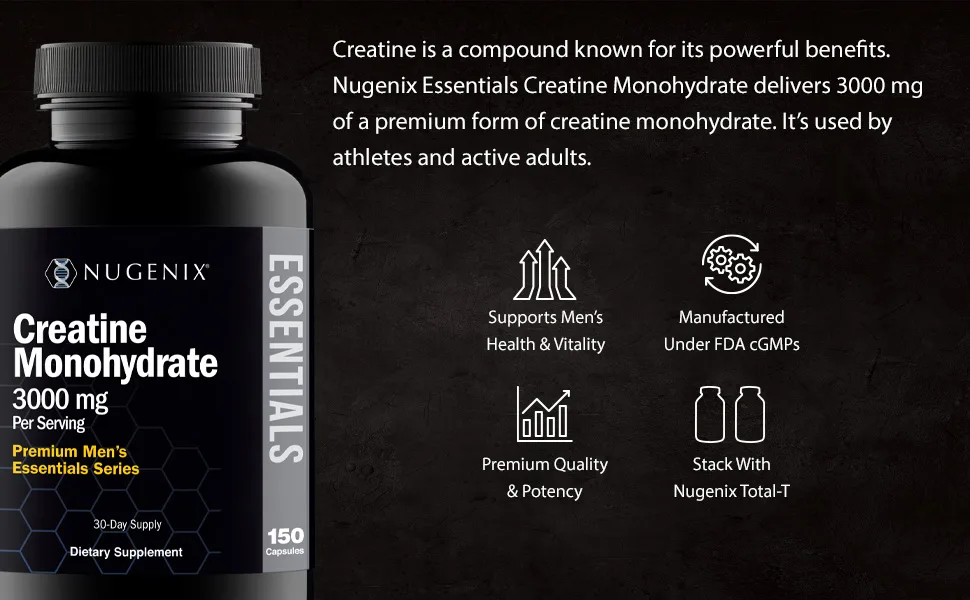 Nugenix Essentials Premium Creatine Monohydrate Pills Supplement 3000mg 150 Capsules 150 Count (Pack of 1) - Nugenix Essentials creatine monohydrate 300mg exercise performance 150 capsules