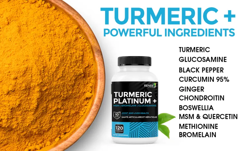 Renew Actives Turmeric Platinum 1350MG per 3 Capsules with Black Pepper & Ginger Antioxidant Liver & Digestive Support Reduces Inflammation & Boosts Immunity Made in Canada 120 Capsules - turmeric platinum
