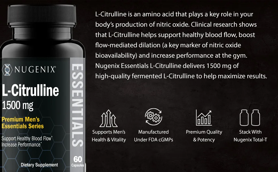 Nugenix Essentials L-Citrulline Supplement for Enhanced Blood Flow and Performance - 1500 mg 60 Capsules 60 Count (Pack of 1) - L-citrulline performance nugenix essentials 1500mg blood flow increase performance