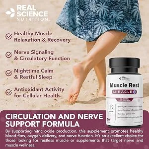 Real Science Nutrition Muscle Rest Miracle Restless Muscle Support Supplement with Nitric Oxide Natural Rest Circulation Support Muscle Relaxation and Nerve Function 60 Capsules - Muscle Rest Miracle Circulation and Nerve support formula