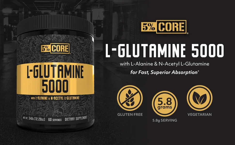 5% Nutrition Core L-Glutamine 5000 Supplement w/L-Alanine | Immune & Digestive Support | Amino Acid Muscle Builder Post Workout Recovery | Unflavored (60 Servings) - 5% Nutrition Core L-Glutamine Supplement L-Alanine Amino Muscle Builder Post Workout Unflavored