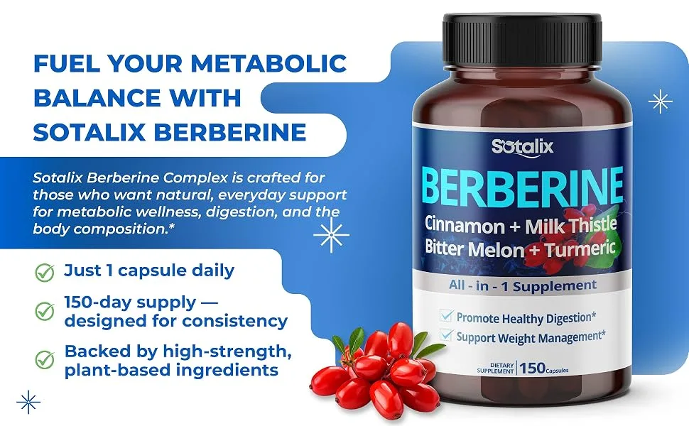 Premium Berberine Supplement with Ceylon Cinnamon Bitter Melon Milk Thistle - 150 Day Supply (150 Count (Pack of 1)) - sotalix berberine supplement