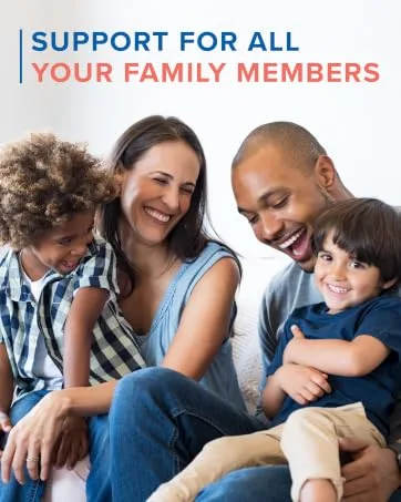 Ayush Herbs Calcium + Cofactors Algae Based Calcium Supports Bone Health & Mineralization 90 Vegetarian Tablets - Happy parents and children smiling together. Text reads: Support for all your family members.
