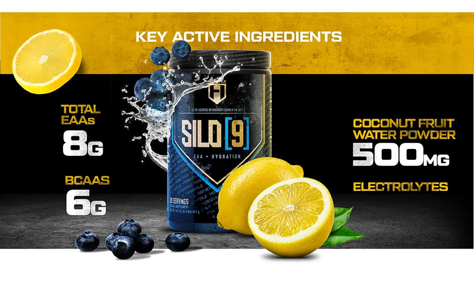 HOSSTILE SILO 9 EAA + Hydration Powder Essential Amino Acids with Electrolytes EAA BCAA Intra Workout Powder & Post Workout Recovery Blueberry Lemonade 30 Servings - silo9, silo 9, eaa, eaas, essential amino acids, bcaa eaa, bcaa, eaas powder, bcaa powder, bcaas