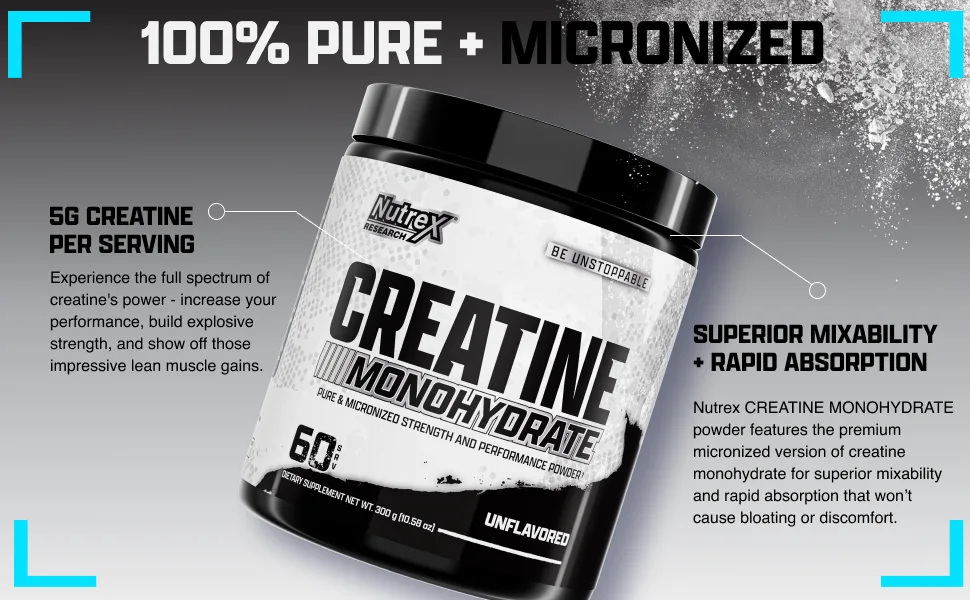 Nutrex Research Micronized Creatine Monohydrate Powder - 200 Servings (1KG) Pure Unflavored Creatine Monohydrate Supplement for Muscle Gain Strength and Performance 5G Per Serv (2.2lbs) 2.2 Pound (Pack of 1) - Pure &amp; MIcronized