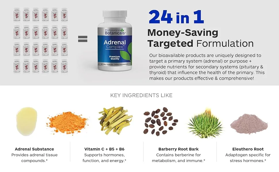Professional Botanicals Adrenal Complex Supplement Supports Healthy Adrenal Function Stress Relief and Energy Levels 90 Vegetarian Capsules - adrenal substance Pantothenic Acid Eleuthero root Barberry root bark Blessed Thistle aerials