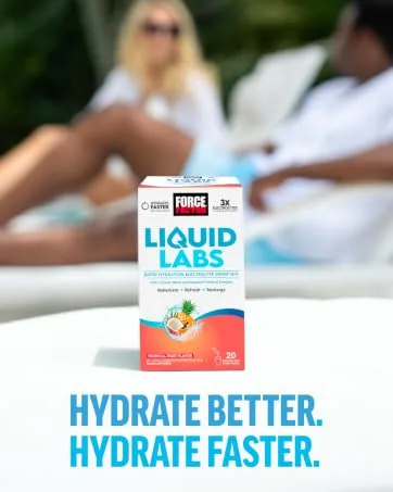 Force Factor Liquid Labs Electrolytes Powder Packets Tropical Fruit Hydration Packets to Make Electrolyte Water with 5 Essential Electrolytes Vitamins Minerals and Antioxidants 20 Stick Packs Liquid Labs Base Tropical  - hydrate better. hydrate faster