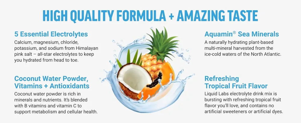 Force Factor Liquid Labs Electrolytes Powder Packets Tropical Fruit Hydration Packets to Make Electrolyte Water with 5 Essential Electrolytes Vitamins Minerals and Antioxidants 20 Stick Packs Liquid Labs Base Tropical  - liquid iv electrolytes powder sugar free ultima hydration packets propel dr berg electrolyte