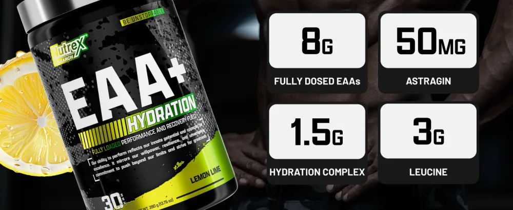 Nutrex Research EAA Hydration | EAAs + BCAA Powder | Muscle Recovery Strength Muscle Building Endurance | 8G Essential Amino Acids + Electrolytes | (Packaging My Vary) 30 Servings (Lemon Lime) - 8g Fully Dosed EAA Astragin