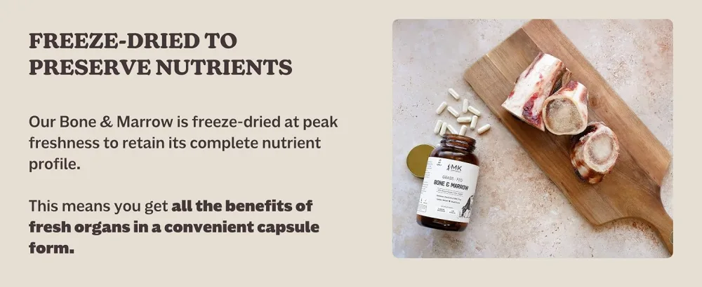 MK Supplements Grass-Fed Beef Bone & Marrow Supplement Supports Healthy Joints Bones Teeth Immune Support Freeze-Dried Non-GMO 45 Servings (3 000 mg Each) Bone & Marrow 45 Servings - nutrient-dense bone marrow supplement for recovery