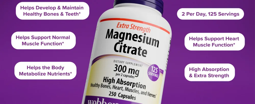 Webber Naturals Magnesium Citrate 300 mg Extra Strength 300 mg Per Serving 250 Capsules High Absorption Helps Support Bones Teeth and Proper Muscle & Heart Function Gluten & Dairy Free - Magnesium Citrate