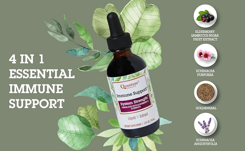 Quantum Health Immune Support Elderberry Echinacea Goldenseal Liquid Extract - Daily Wellness Herbal Immunity Formula for Women & Men - High Dose Fast Absorption Tincture - 2 Fl Oz - 4 in 1 essential immune supplement