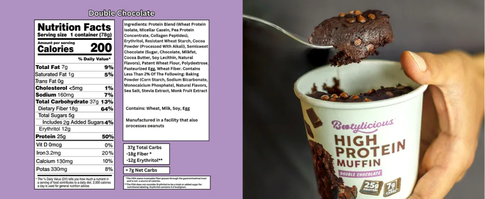 Bootylicious | High-Protein Muffin | 25g Protein 7g Net Carbs 2.32-2.75oz Cup 12-Pack (Double Chocolate) - chocolate flavored high protein muffins freshly baked muffin wheat protein isolate