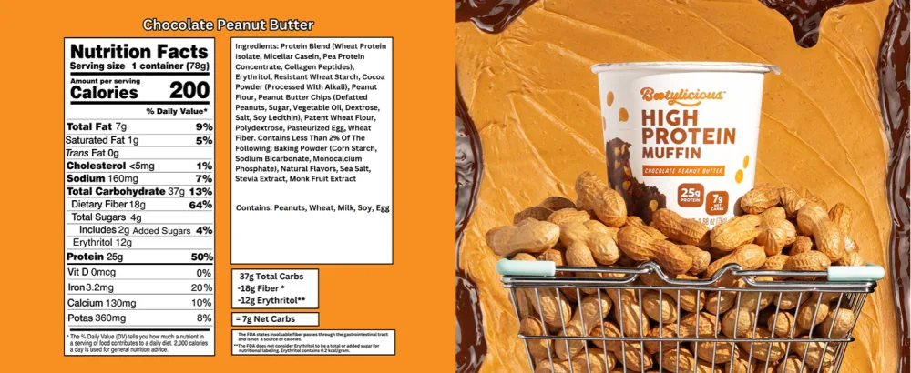 Bootylicious | High-Protein Muffin | 25g Protein 7g Net Carbs 2.32-2.75oz Cup 12-Pack (Double Chocolate) - chocolate peanut butter flavored high protein muffins freshly baked muffin wheat protein isolate