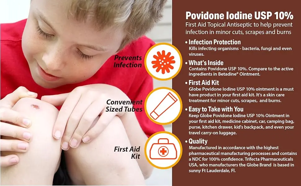 Globe (2 Pack) Povidone Iodine 10% First Aid Ointment 1 Oz for Cuts Scrapes Burns (Compare to Betadine) - Podidone Iodine