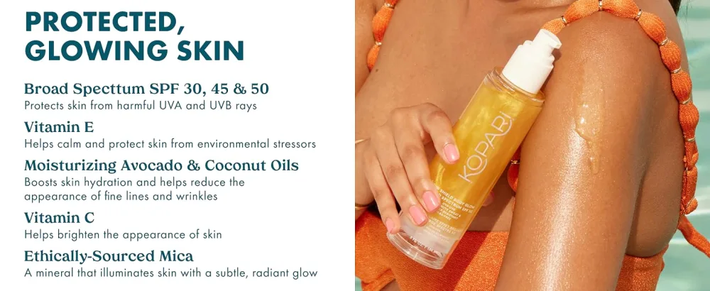 Kopari Sun Shield Body Glow Broad Spectrum SPF 45 Lightweight Shimmering Gel Texture Absorbs Quickly Non Sticky Glowing Results Rose Gold 5 oz - Boosts skin hydration and helps reduce fine lines and wrinkles