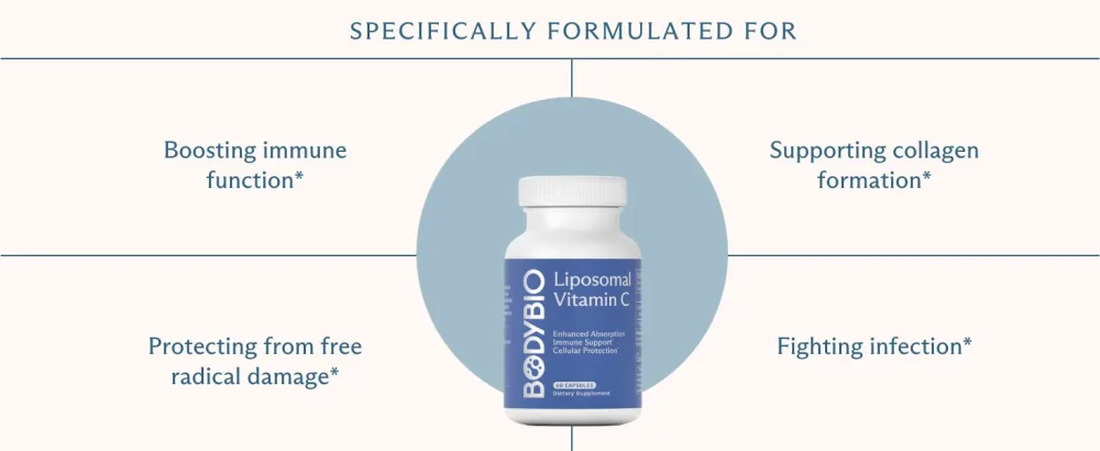 BodyBio Liposomal Vitamin C - Powerful Antioxidant for Immune Support and Cellular Health 1 000 mg Pure Ascorbic Acid with Maximum Absorption - Liposomal Vitamin C immune support detox antioxidant ascorbic acid free radical protection