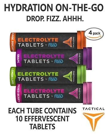 Fluid Tactical - ORS (Oral Rehydration Solution) Recover Faster Extreme Dehydration Electrolytes 12pack (4 Flavor Variety Pack) Variety - 3x4 Flavors - Fluid Tactical Effervescent Tablets variety 4 count, Hydration On-the-Go, Plop Fizz Ahh