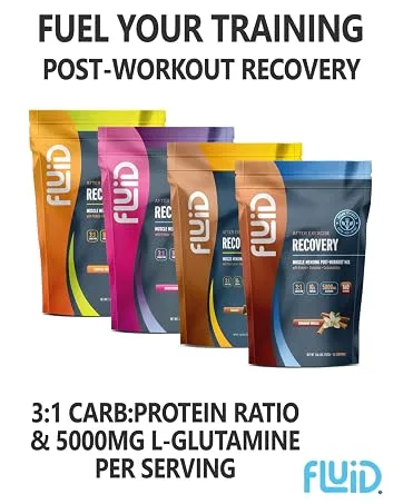 Fluid Creatine - Informed Sport Certified | Ultra-Fine Micronized 100% Creatine Monohydrate Powder | Unflavored | 5g Travel Stick Packs | 30 Servings 30 Single Serving Packets - Fluid Recovery Post Workout, Fuel your Training, 3:1 Carb:Protein Ratio & 5000mg L-Glutamine/Serving