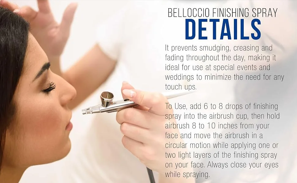 Belloccio Airbrush Makeup Finishing Spray & Setting Mist  1 oz. Bottle - Long Lasting  Prevents Smudging and Fading - Sets Cosmetic Foundations  Concealers & Blushes - Belloccio Professional Cosmetic Grade Makeup Finishing Spray, Water-Based