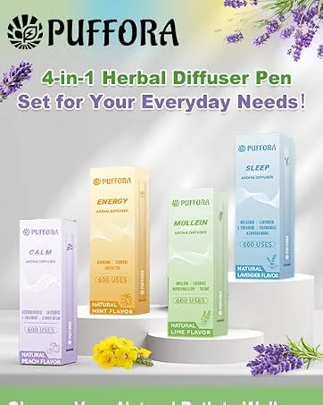 Puffora Herbal Diffuser Pen Gentle Energy Boost & Steady Stamina Plant-Based Natural Flavor 600 Uses - 4-in-1
