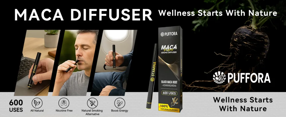 Puffora Herbal Diffuser Pen Gentle Energy Boost & Steady Stamina Plant-Based Natural Flavor 600 Uses - MACA