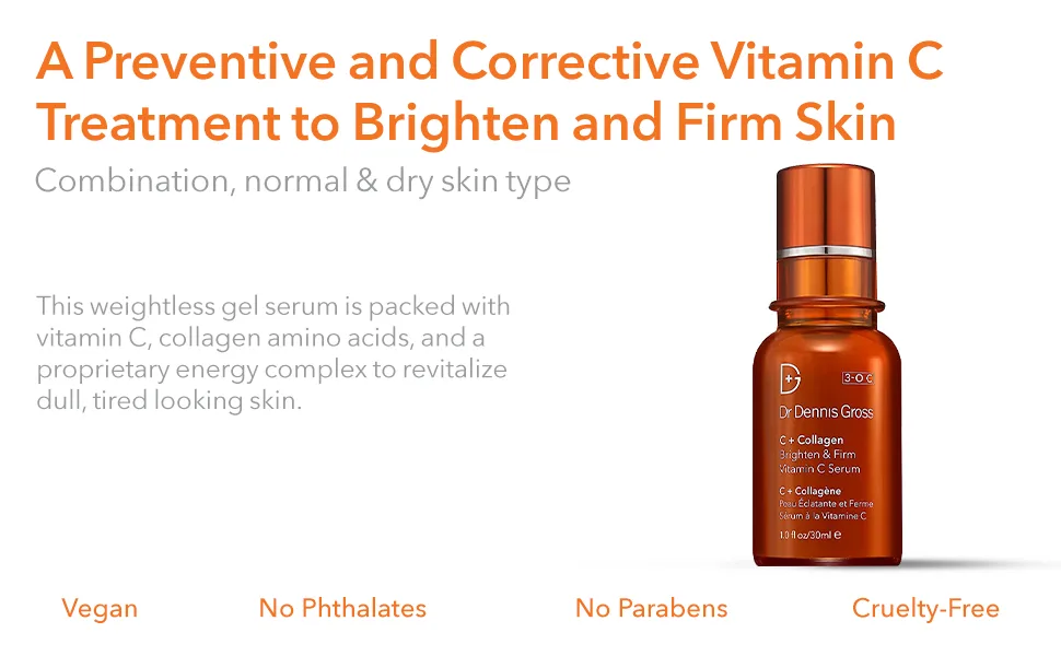 Dr. Dennis Gross C + Collagen Brighten & Firm Vitamin C Serum: for Dull Complexion  Wrinkles  Uneven Tone and Texture  1.0 fl oz - fgfdg