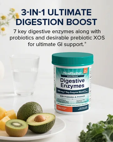 NewRhythm Probiotics for Men with Prebiotics Selenium Digestive Enzymes Akkermansia Muciniphila Cranberry Extract 150 Billion CFU 60 Vegan Caps - NewRhythm Digestive Enzymes contains enzymes, probiotics, and prebiotic XOS.