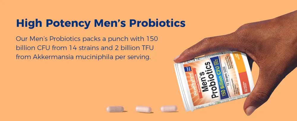 NewRhythm Probiotics for Men with Prebiotics Selenium Digestive Enzymes Akkermansia Muciniphila Cranberry Extract 150 Billion CFU 60 Vegan Caps - NewRhythm Probiotics for Men 150 billion CFU 14 strains &amp; 2 billion TFU Akkermansia muciniphila