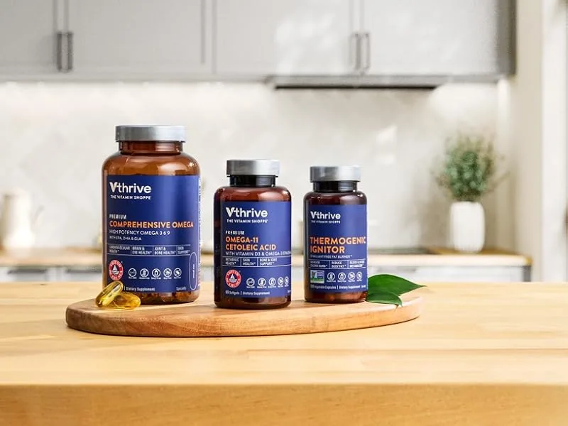 Vthrive Relax and Restore - Supports a Healthy Response to Stress (60 Vegetarian Capsules) - Vthrive supplement bottles in kitchen
