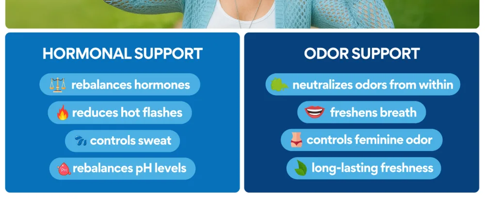 VoomVaya Bye Bye BO Body Deodorizing Supplement for Women Over 40 Chlorophyll Pills with Sage & Peppermint Internal Deodorant to Reduce Odor from Within 60 Capsules - Bye Bye BO supports hormones by reducing hot flashes sweat pH balance + odor control and freshness