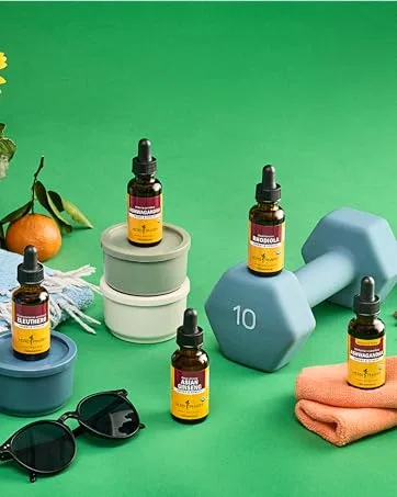 Herb Pharm Certified Organic Astragalus Liquid Extract for Immune System Support - 4 Ounce 4 Fl Oz (Pack of 1) - Herb Pharm energy supplements shown with gym gear, sunglasses, and citrus on a green background