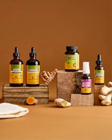 Herb Pharm Certified Organic Cotton Root Liquid Extract 1 Fl Oz 1 Fl Oz (Pack of 1) - Herb Pharm&amp;#39;s digestion supplements on a rusty orange background with ginger and turmeric.