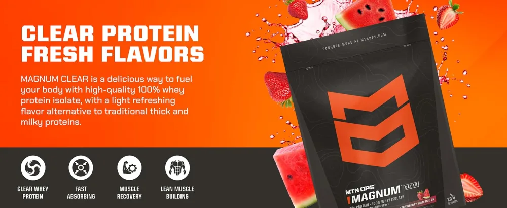 MTN OPS Magnum Clear Protein Powder 23g 100% Whey Protein Isolate per Serving Low Carb ( 1g) Quick-Digesting Gluten-Free Low Lactose Refreshing Blue Raspberry Coconut 20 Servings - clear protein