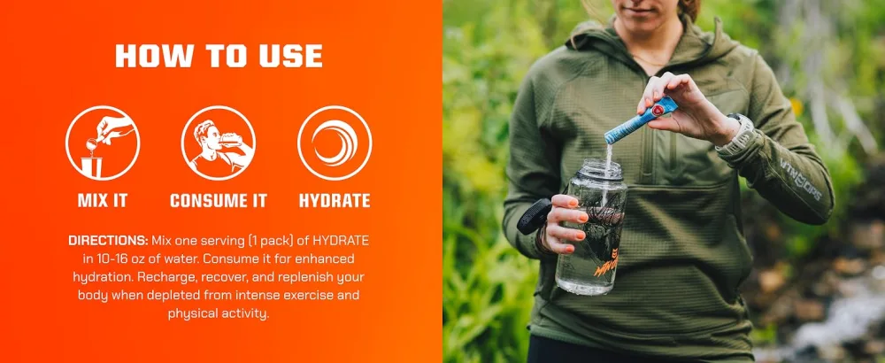 MTN OPS Hydrate Electrolytes Powder Drink Mix 20 Single Serving On-The-Go Electrolyte Packs with Over 1000mg of Electrolytes per Serving Lemon Lime - how to use hydrate