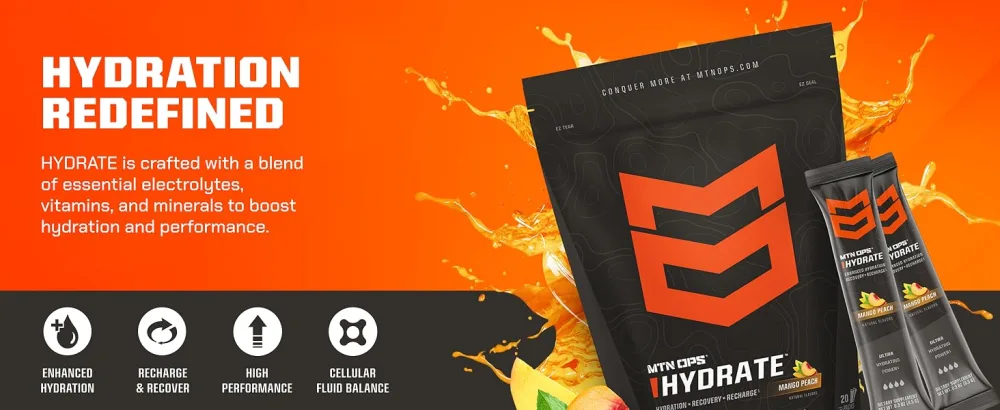 MTN OPS Hydrate Electrolytes Powder Drink Mix 20 Single Serving On-The-Go Electrolyte Packs with Over 1000mg of Electrolytes per Serving Lemon Lime - hydration redefined