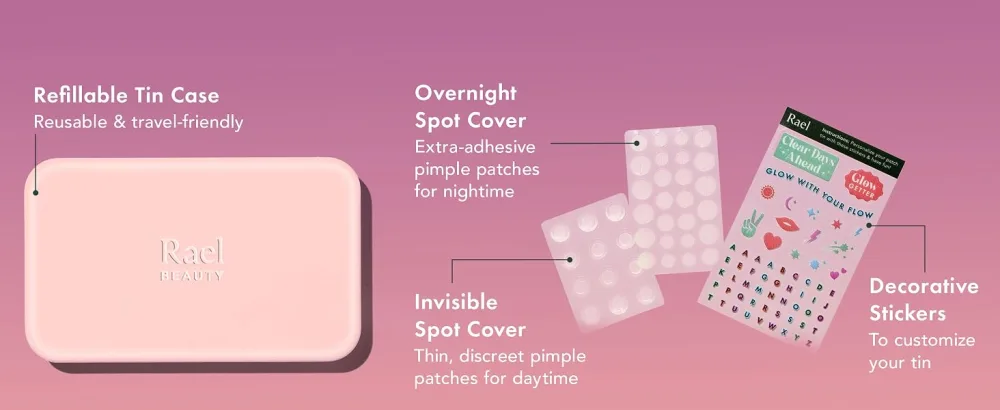 Rael Miracle Patch Glow + Go Patch Kit - Tin Case with Miracle Invisible Spot Patches & Overnight Spot Patches - Miracle Invisible Spot Cover hydrocolloid hydrating face masks beauty care skincare spot mask pimple