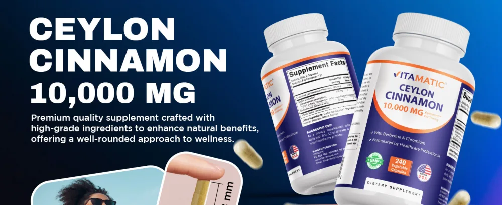 Vitamatic Ceylon Cinnamon 10000 mg Equivalent Per Serving (from 20:1 Extract 500 mg) with Berberine & Chromium - 240 Vegetable Capsules - Non-GMO & Gluten Free-2 Pack - product information 12