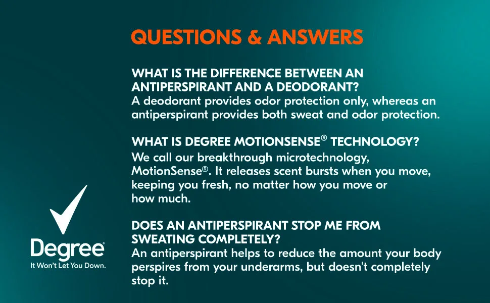 Degree Men UltraClear Antiperspirant Deodorant Fresh 72-Hour Sweat & Odor Protection Antiperspirant For Men With MotionSense Technology 2.7 oz - QUESTIONS & ANSWERS