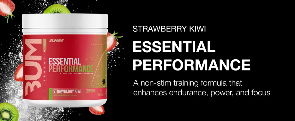 RAW Essential Performance Non-Stim Pre-Workout Powder - Preworkout for Endurance Strength & Focus Without Caffeine or Stimulants - Creatine Monohydrate L-Citrulline & Beta Alanine - Strawberry Kiwi - Gym Essential Ice Vitamin Drinks Extreme Watermelon Blast Health Standard Servings Burner Free
