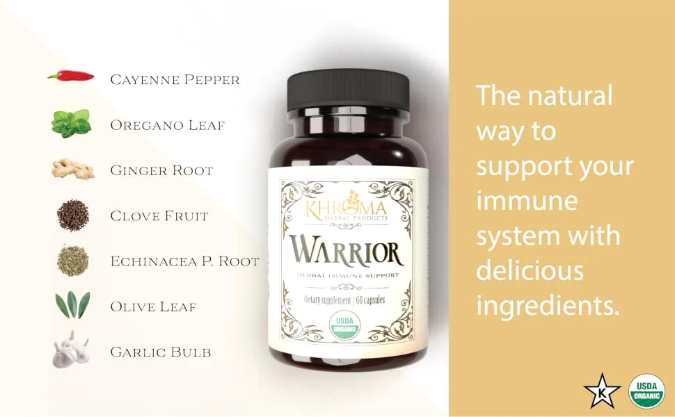 Warrior - Organic Immune System Support - Made with Nature's 8 Most Potent Immunity Defense Herbs - Warrior organic immune support blend capsules