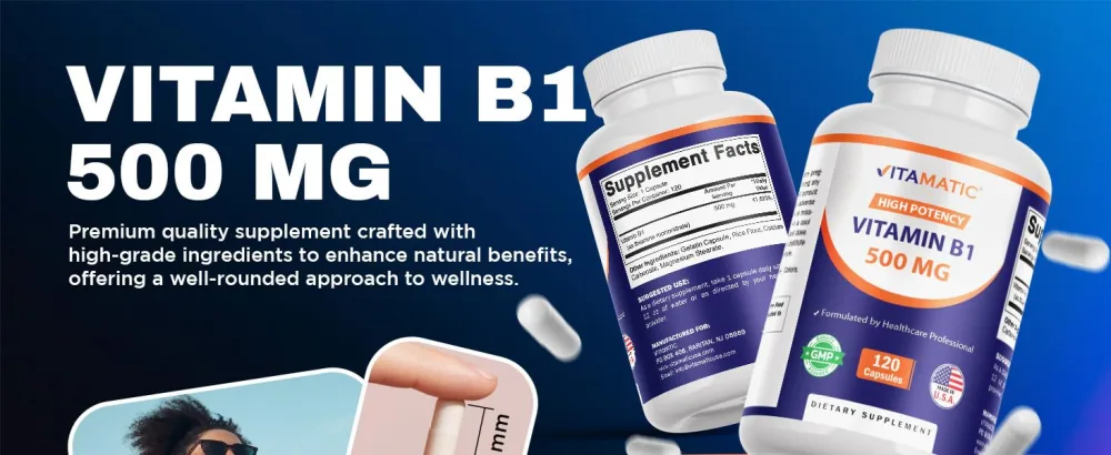 Vitamatic Vitamin B1 (Thiamine) 500mg 3 Pack (360 Capsules Total) - Banner- 1